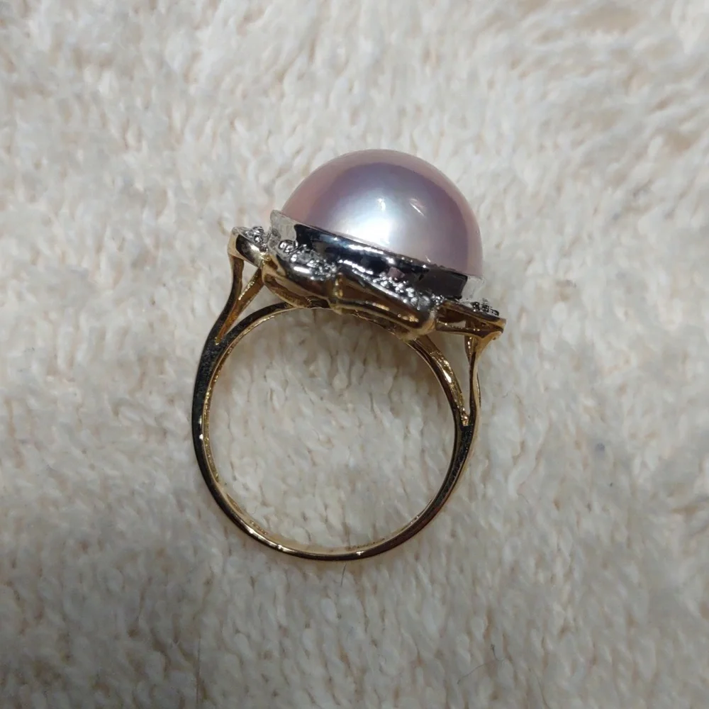 Pink Mabe Pearl Ring White Gold Accents, Pinpoint Diamonds, 14kt Yellow Gold